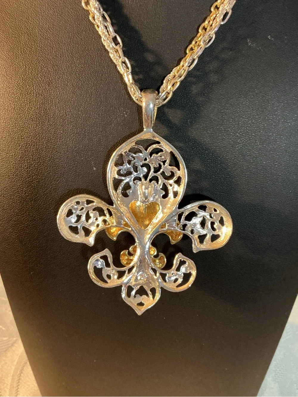 Two-Tone Fleur de Lis Triple Strand Silver Gold and Silver Pendant Necklace